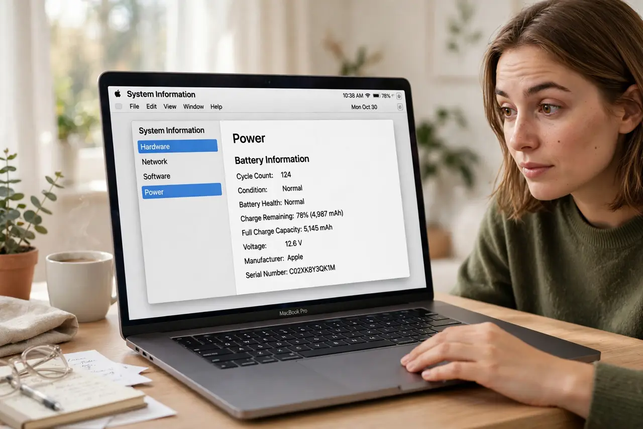 A person looking at a MacBook screen showing the System Information window with battery details legible, a hand on the