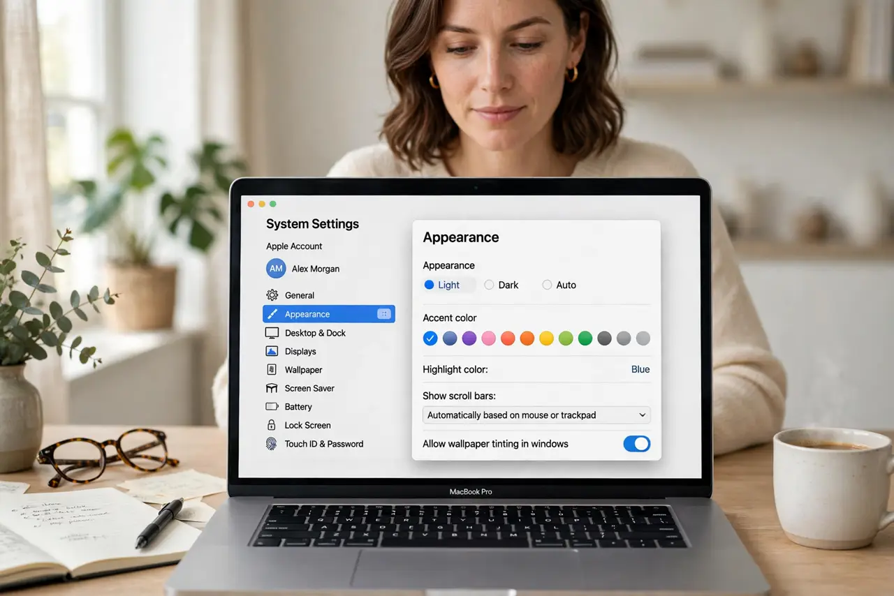 a calm adult at a desk with a real Mac laptop in Light mode, the macOS Appearance settings screen clearly visible and legible on the real Mac screen.