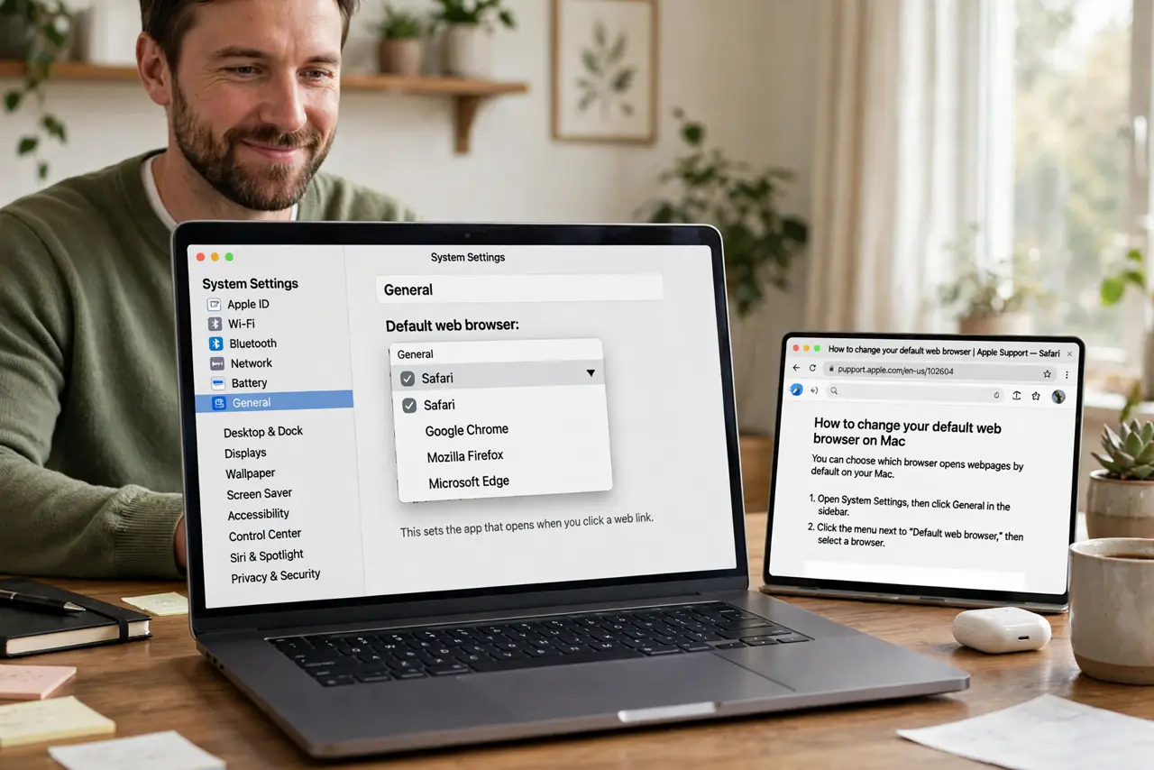 a person using a real MacBook showing System Settings with the Default web browser dropdown legibly visible, a browser window open beside it, the person's fa...