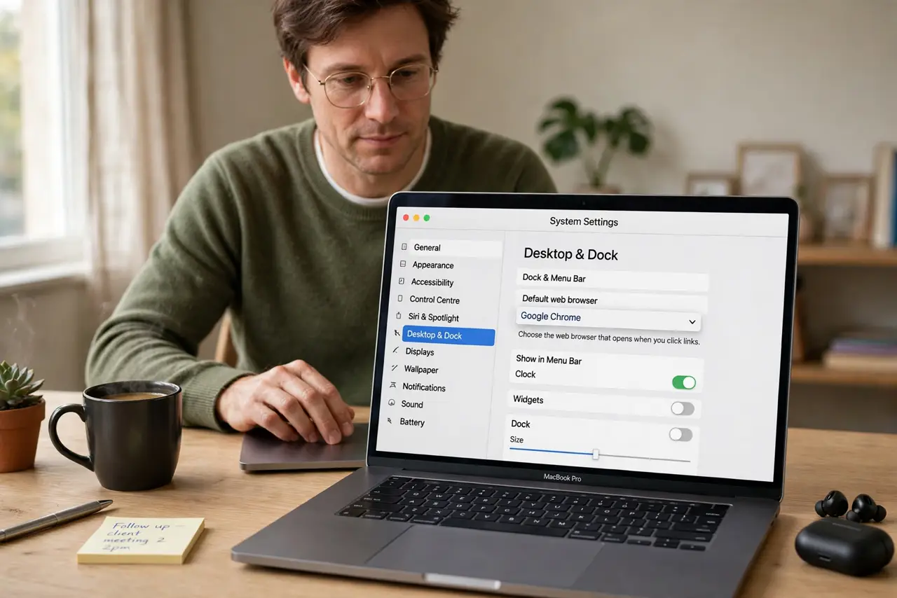 a calm adult at a desk with a real Mac laptop open, System Settings visible on the real screen with the default browser choice complete and legible, the person adjusting settings calmly.