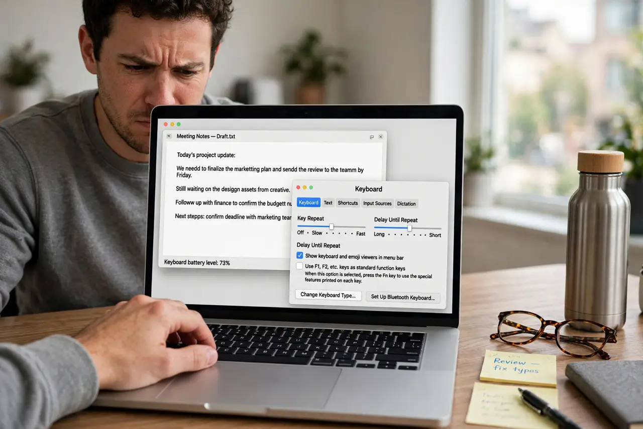 A person typing on a real MacBook keyboard, the screen showing doubled letters in a document fully legible, the Keyboard settings delay slider visible, the person's face mildly annoyed.