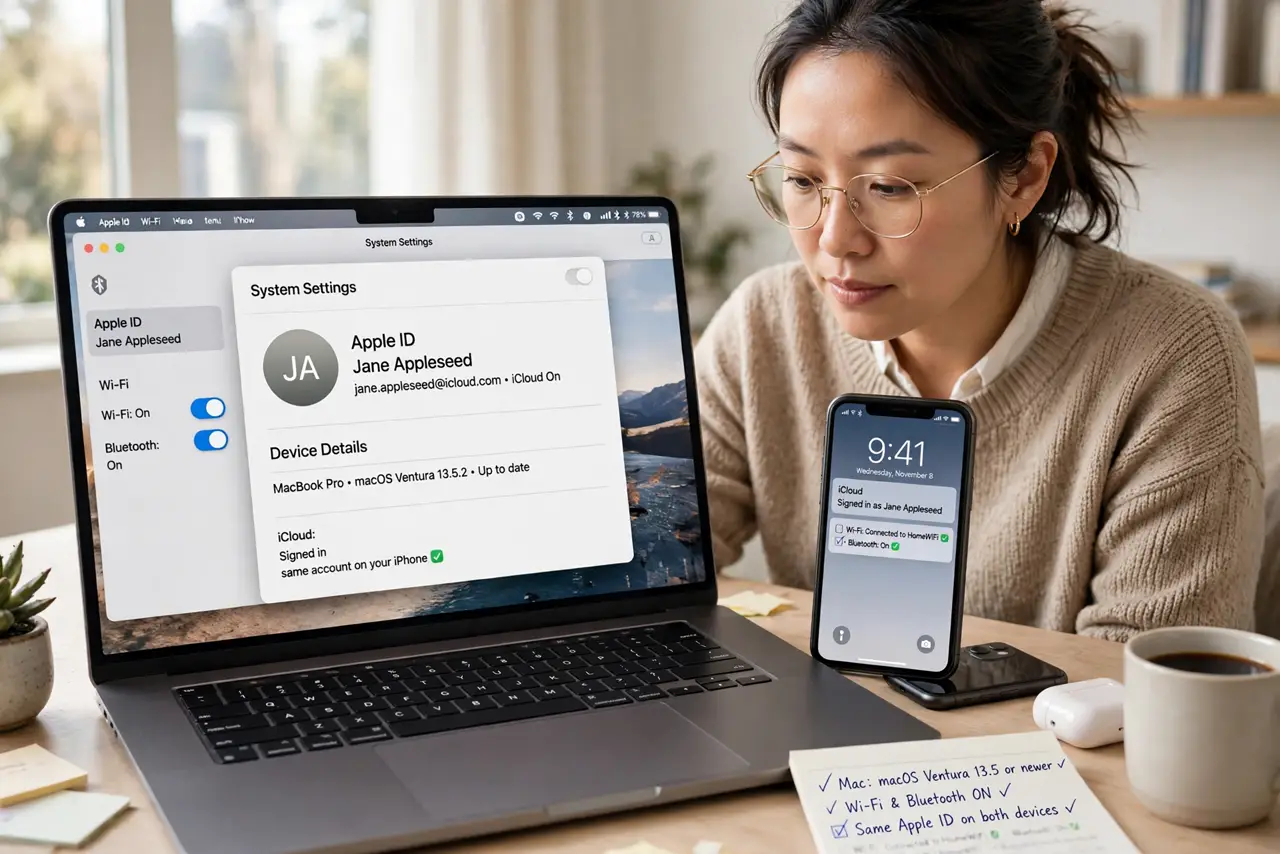 A person performing step 1: Check your Mac and iPhone are ready. You need a Mac running macOS Ventura or newer and an iPhone 11 or newer, .