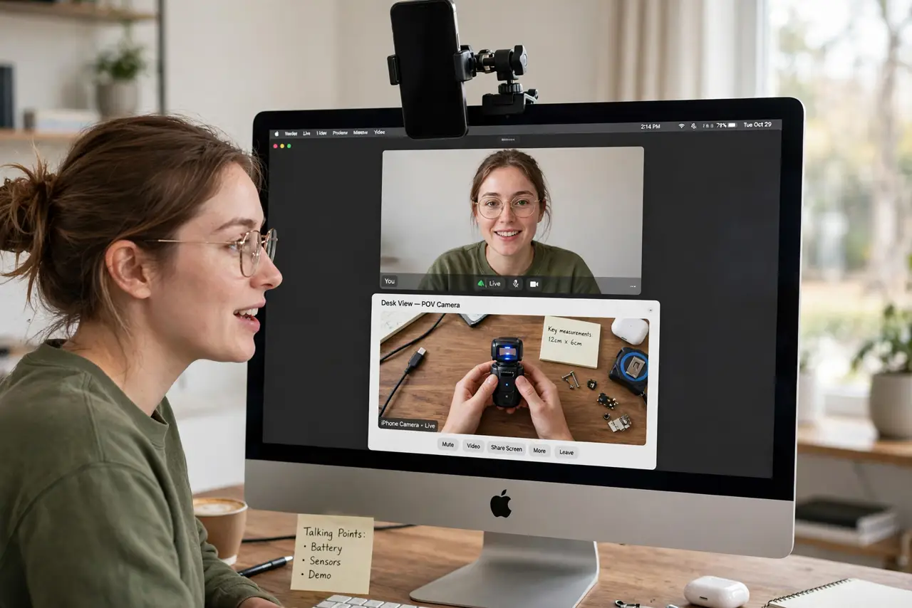 A person on a video call at a real Mac, the screen showing a split view with the person's face on top and an overhead desk view of.