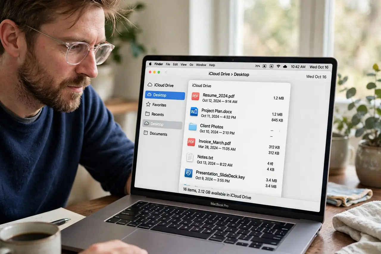 A person performing step 1 of the guide: Look in iCloud Drive's Desktop folder. Open Finder > iCloud Drive > Desktop. If 'Desktop & Documents Folders' sync is on, your files live...