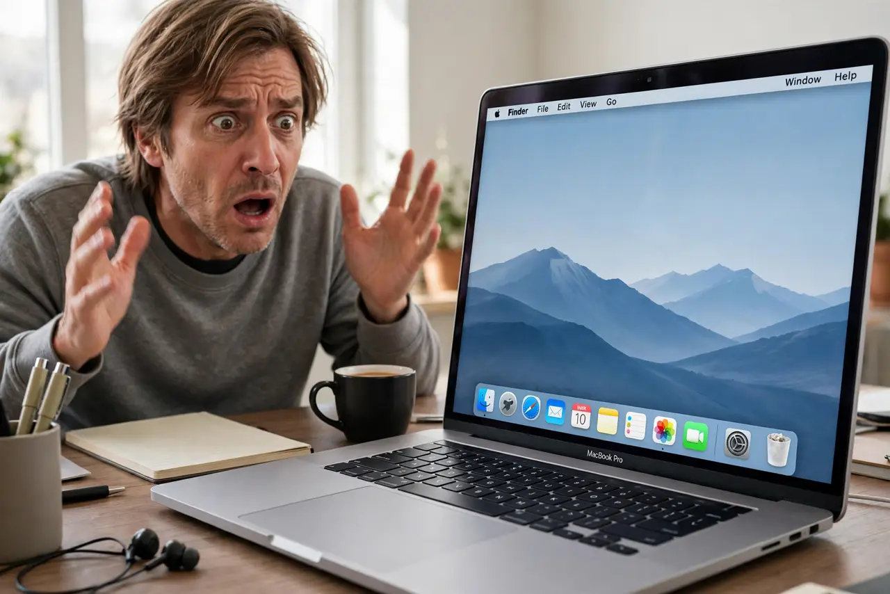 a panicked adult staring at a real Mac showing an empty desktop with fully legible menu bar, the person's hands raised in disbelief.