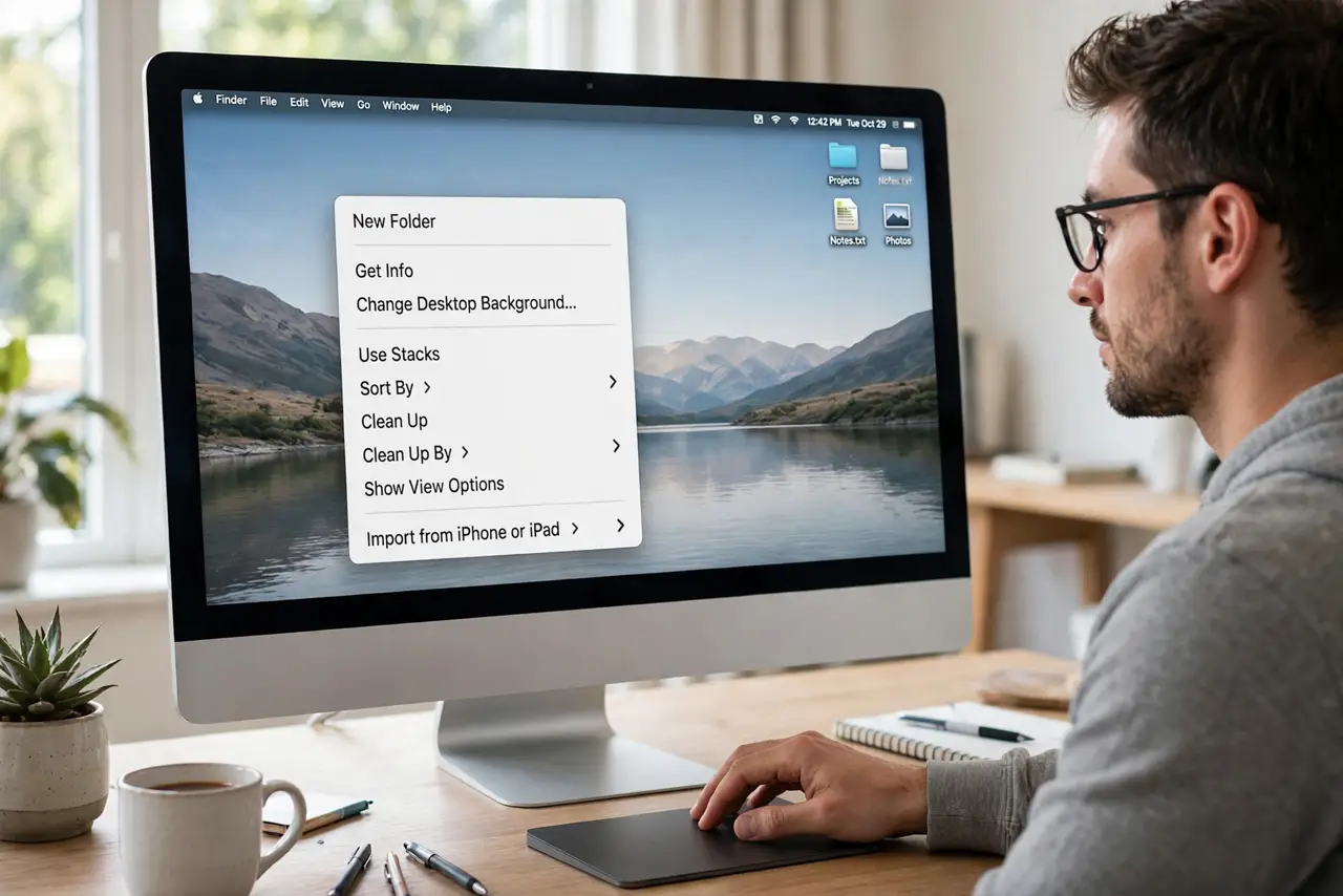 A person performing step 1: Right-click the desktop.