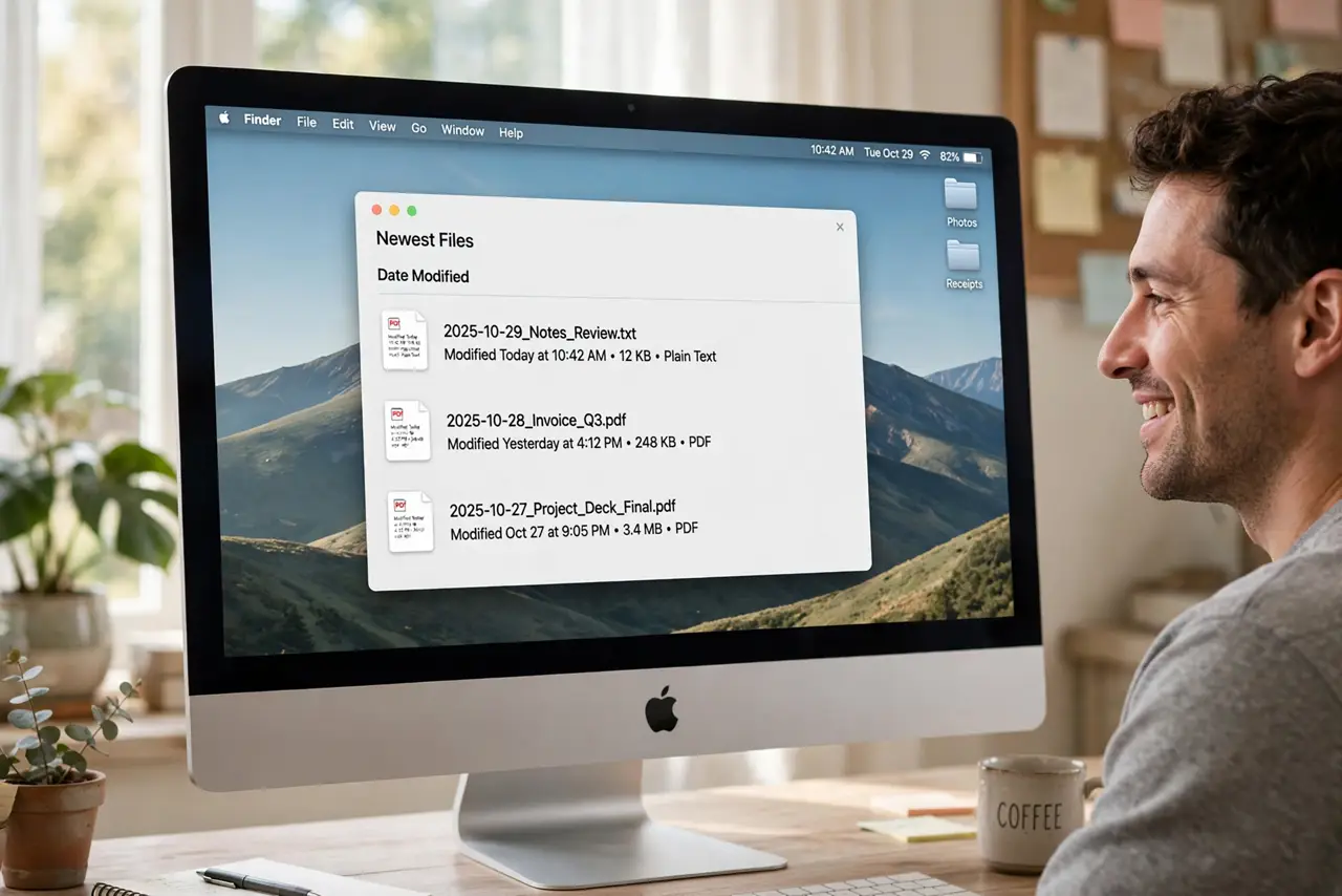 A person using a real Mac, the screen showing a tidy desktop sorted with the newest files grouped together, fully legible, the person's face relieved, home office.