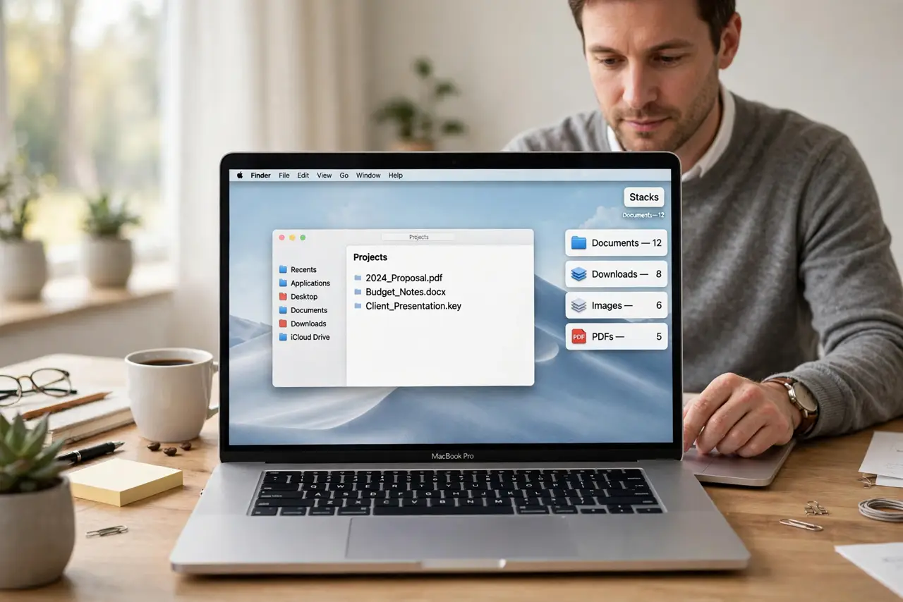 a calm adult at a desk with a real Mac laptop open, a tidy desktop with Stacks visible on the real screen complete and legible, the person organizing files calmly.