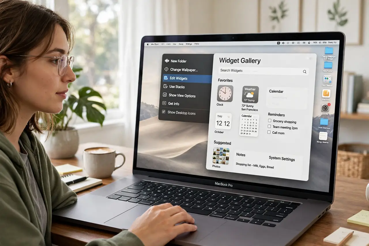 A person performing the first step: Open the widget gallery. Right-click the Desktop > Edit Widgets. The gallery shows.