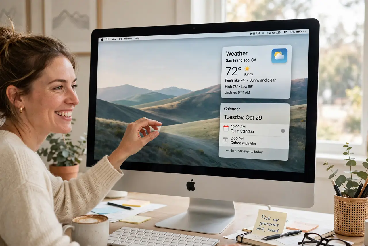 A person arranging widgets on a real Mac desktop with weather and calendar widgets legible on screen over a wallpaper,