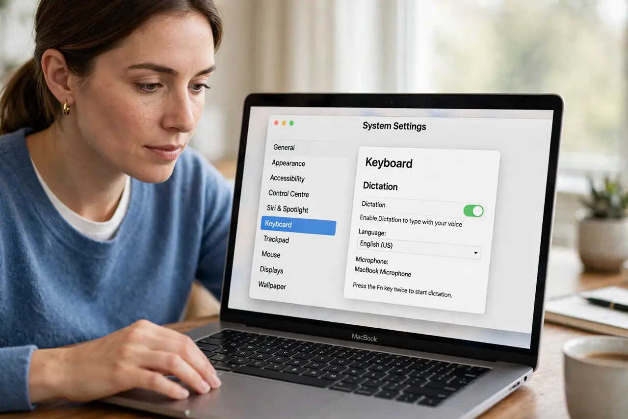 A person calmly performing the guide's first step: Enable dictation.
