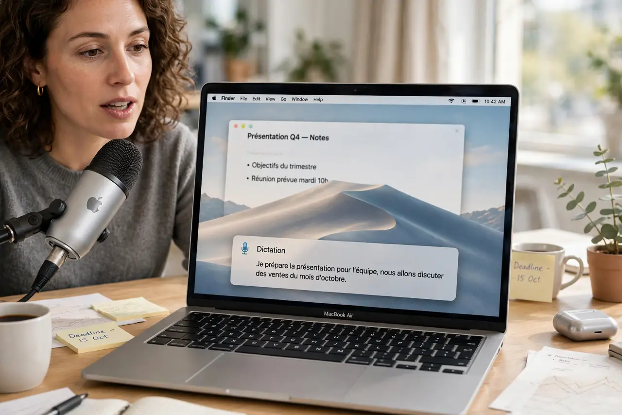 a person speaking into a real Mac microphone, the dictation indicator showing on screen with text appearing in another language, the person's face engaged, bright desk. No black sc.