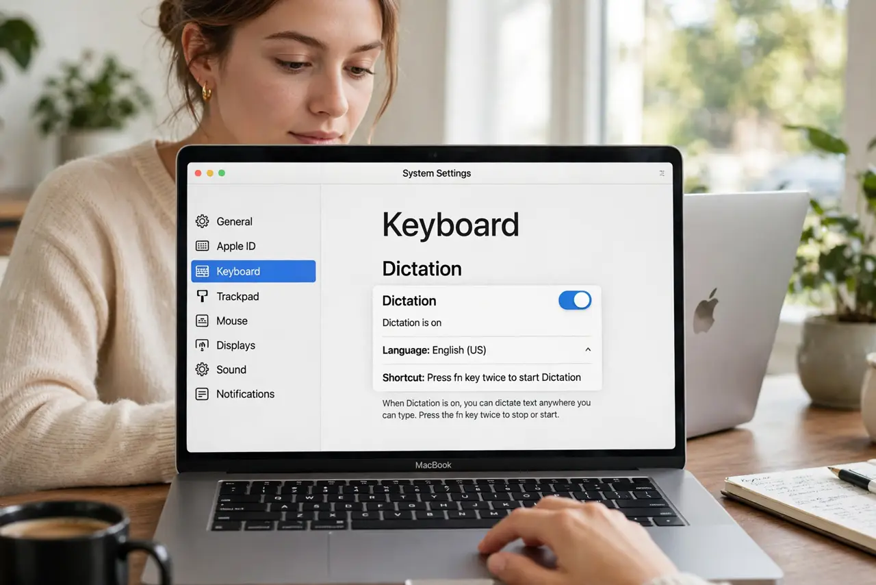 A person calmly performing the guide's first step: Turn on Dictation.