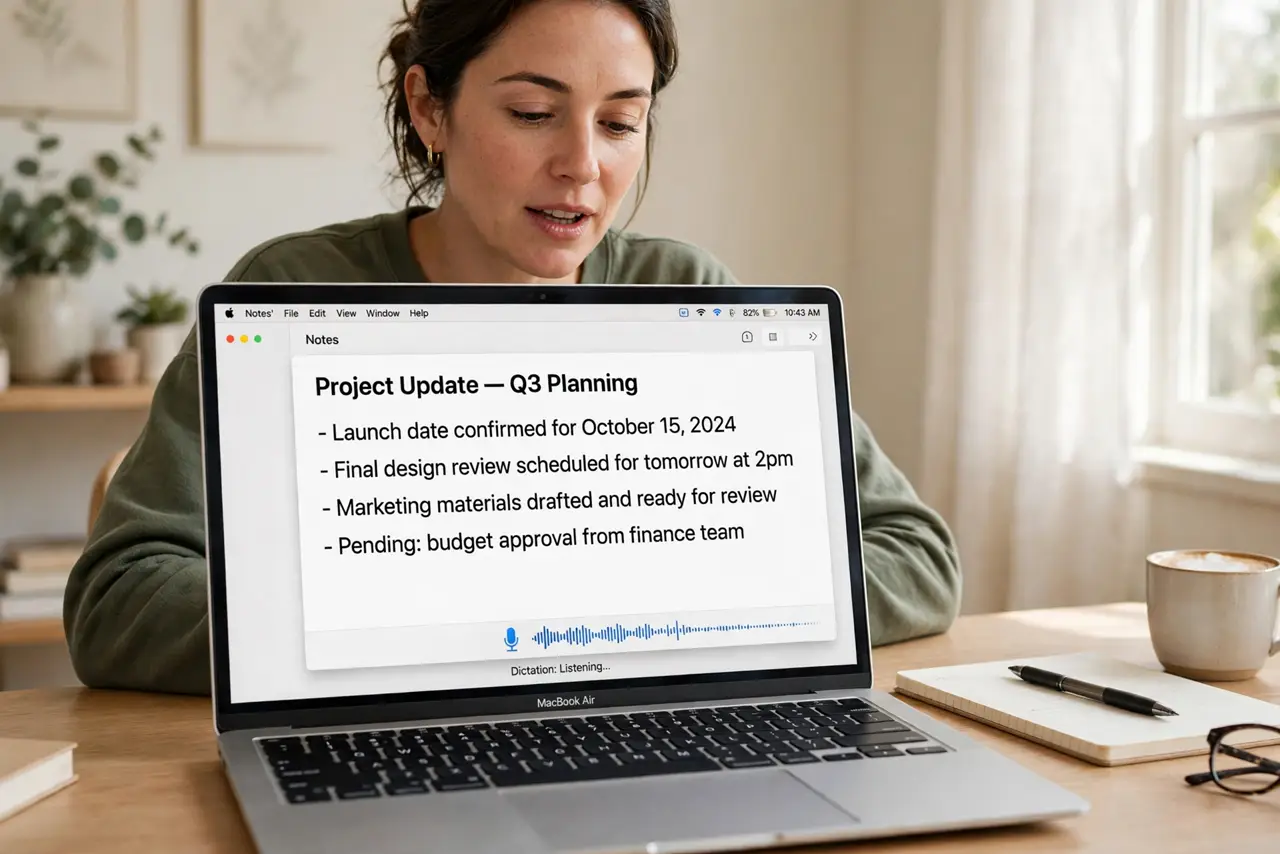 a person dictating into a real MacBook with the dictation microphone indicator visible and text appearing in a document, the person's face relaxed, bright home office. No black scr.
