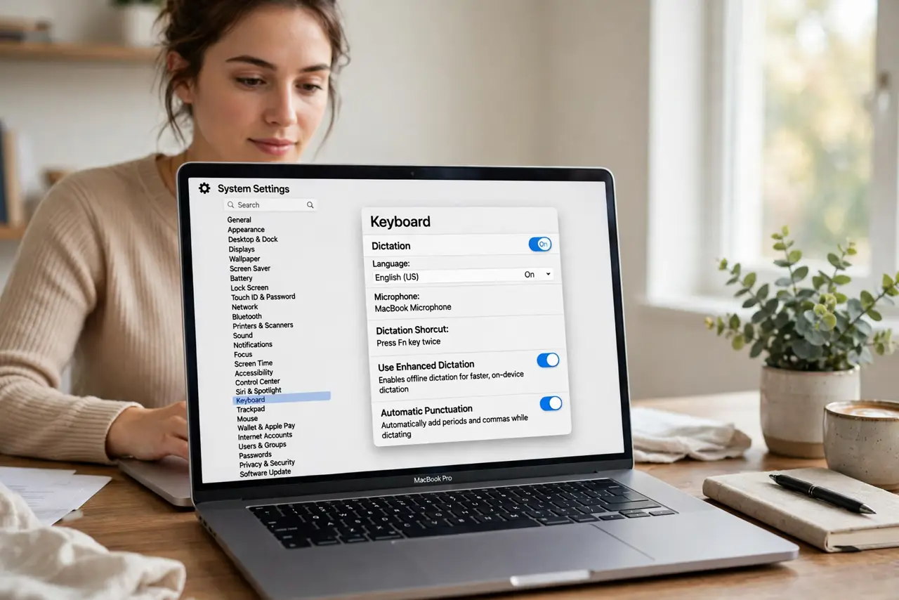 Photoreal photo of a person performing the first step: Open System Settings to Keyboard. Apple menu, System Settings, then Keyboard in the sidebar....