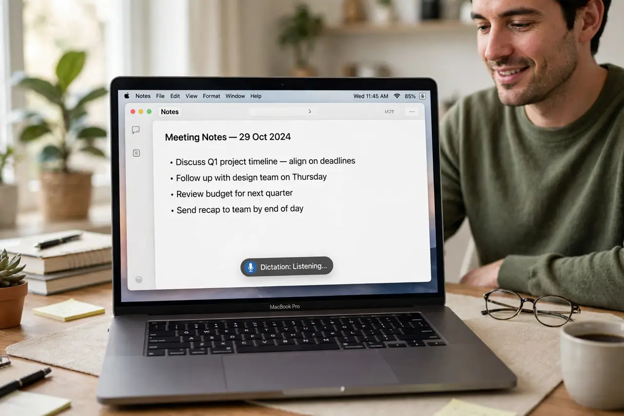 Photoreal photo: a person dictating into a real Mac with a dictation microphone indicator visible on screen, the person's face relaxed, home office. No black screen, no blank white screen, no fake or garbled screen...