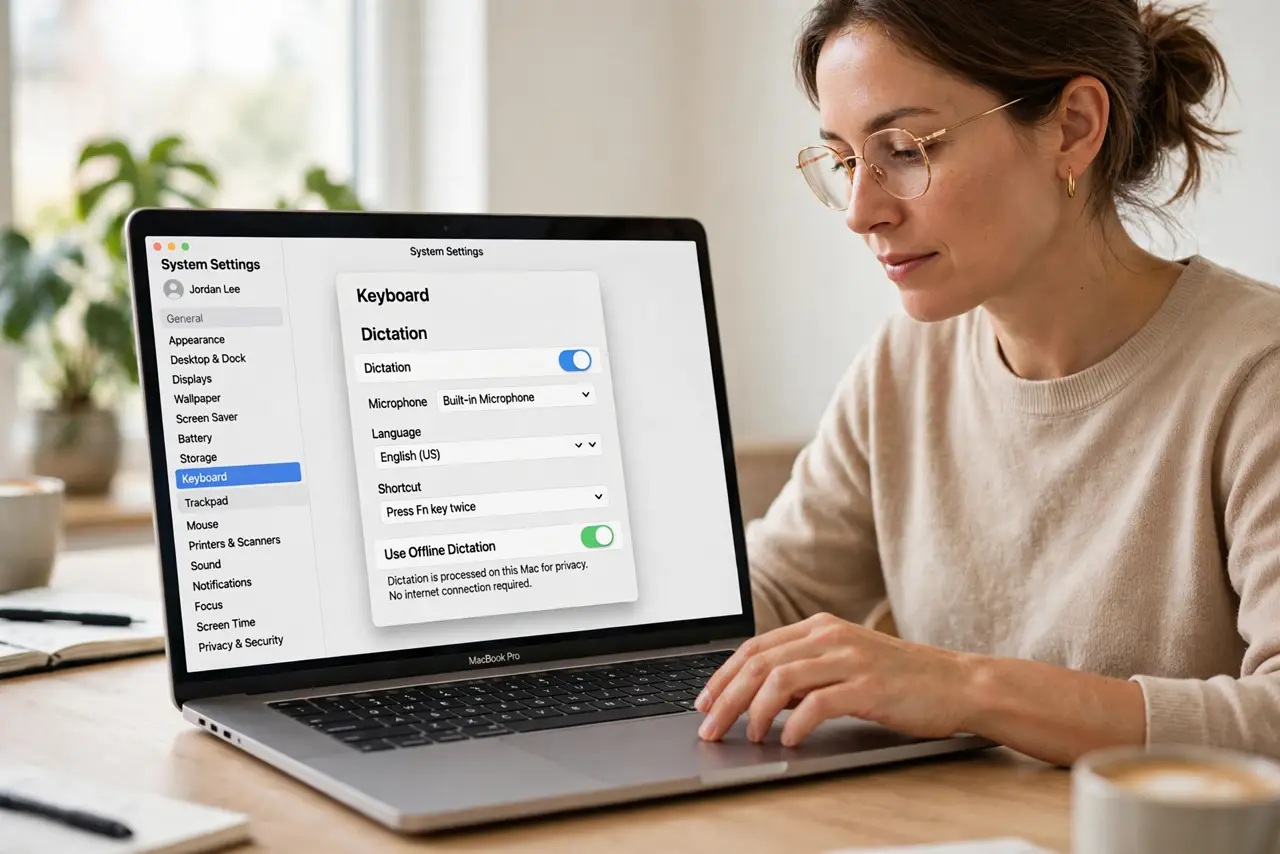 Step 1 in action for Dictation Needs Internet: Open the Dictation settings.