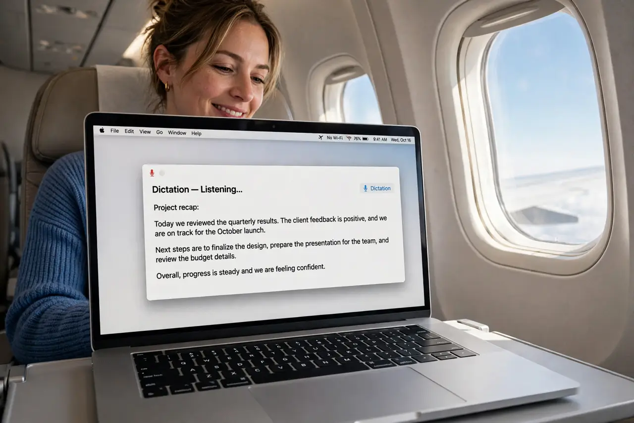 Dictation Needs Internet — a calm adult dictating into a MacBook on an airplane with no Wi-Fi, the dictation text appearing with fully le