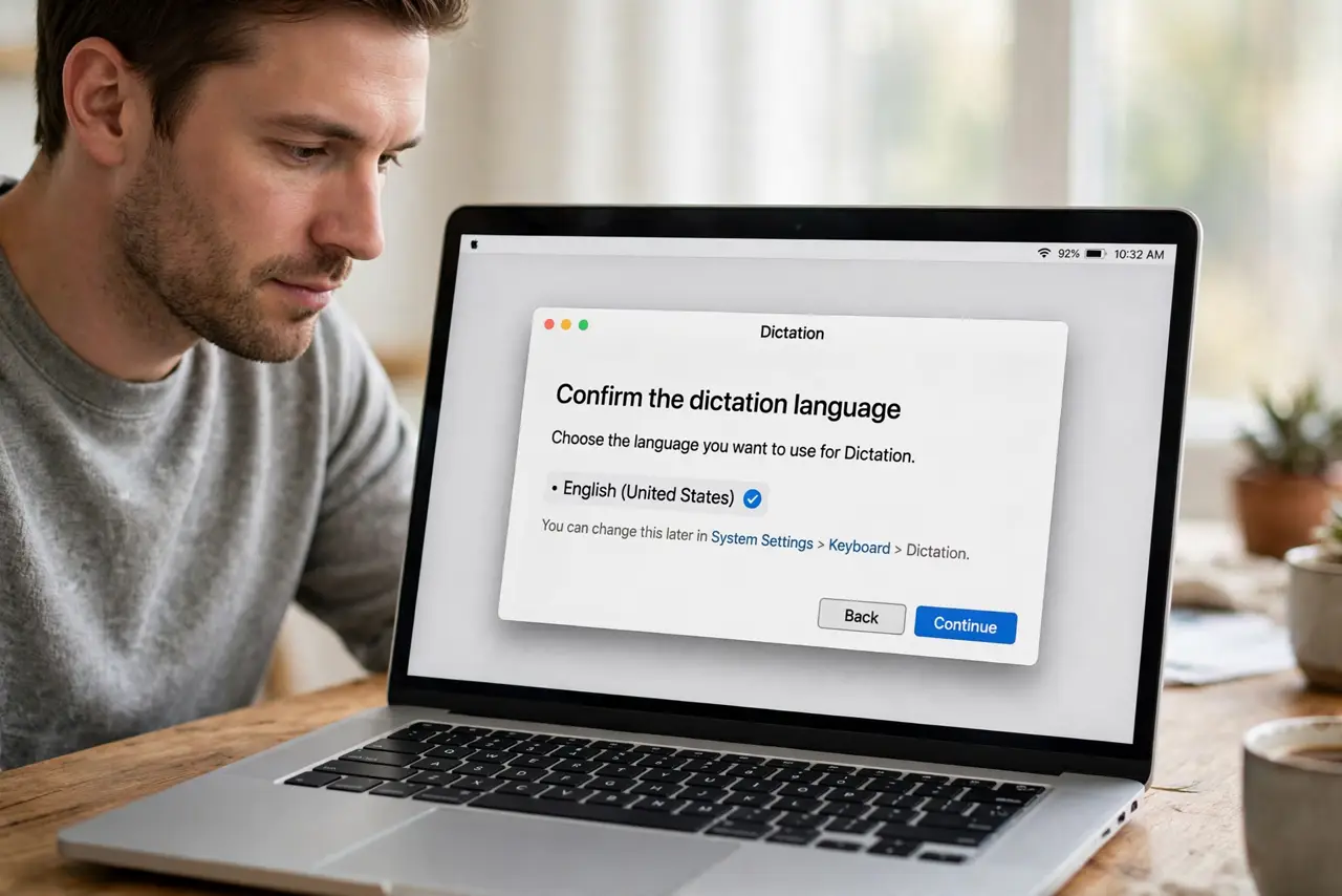 A person performing the first step: Confirm the dictation language.