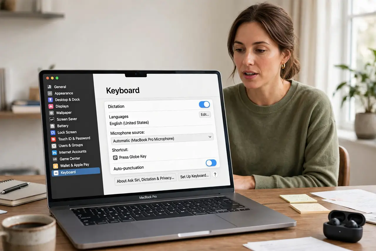 a calm adult dictating to a real Mac laptop at a desk, the macOS Keyboard Dictation settings screen clearly visible and legible on the real Mac screen.