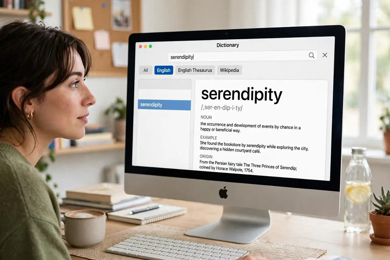 A person looking up a word in the real Mac Dictionary app with a legible definition on screen, the person's face interested, bright home office.