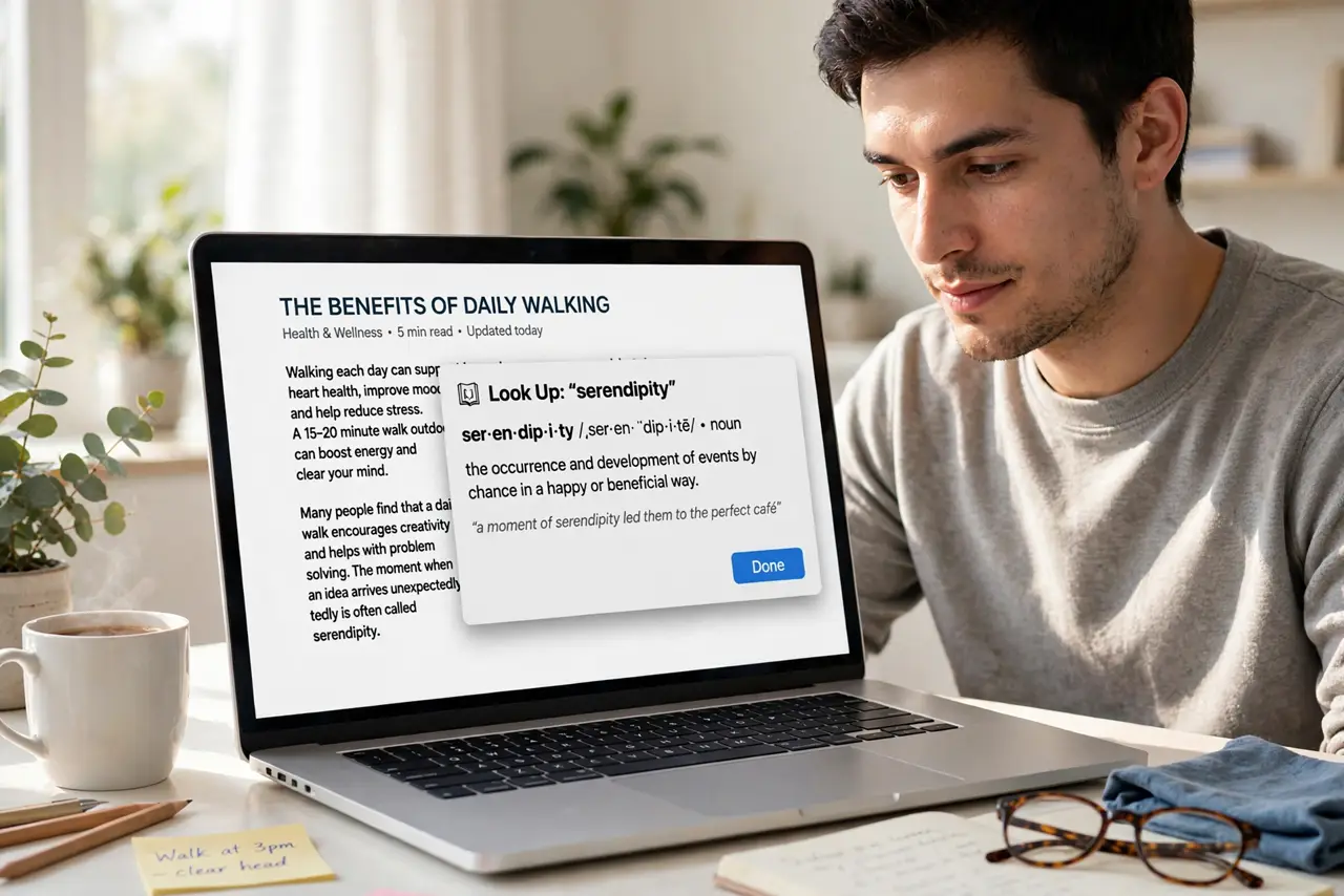 a person reading on a real Mac screen with a Look Up definition popup showing legible text over a word, the person's face enlightened, bright desk. No black screen, no blank white .