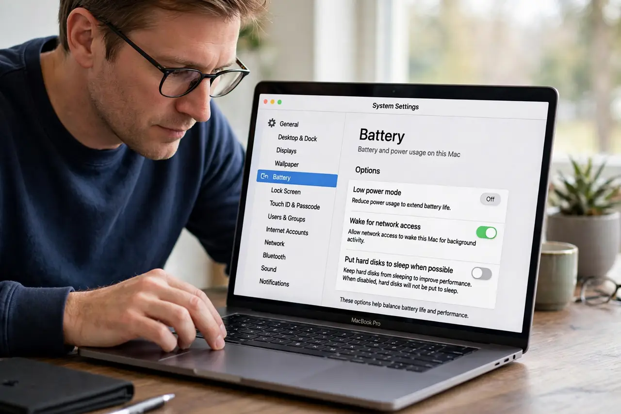 A person performing step 1 of the guide: Turn off 'put hard disks to sleep'. Go to System Settings > Battery or Energy Saver > Options and disable 'Put hard disks to sleep when p...