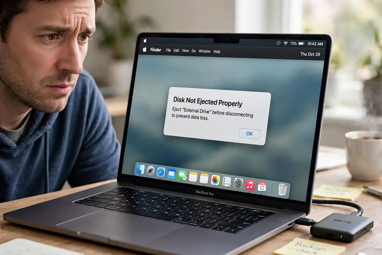 a concerned adult looking at a real Mac showing the 'disk not ejected properly' notification with fully legible text, an external drive connected beside the Mac.