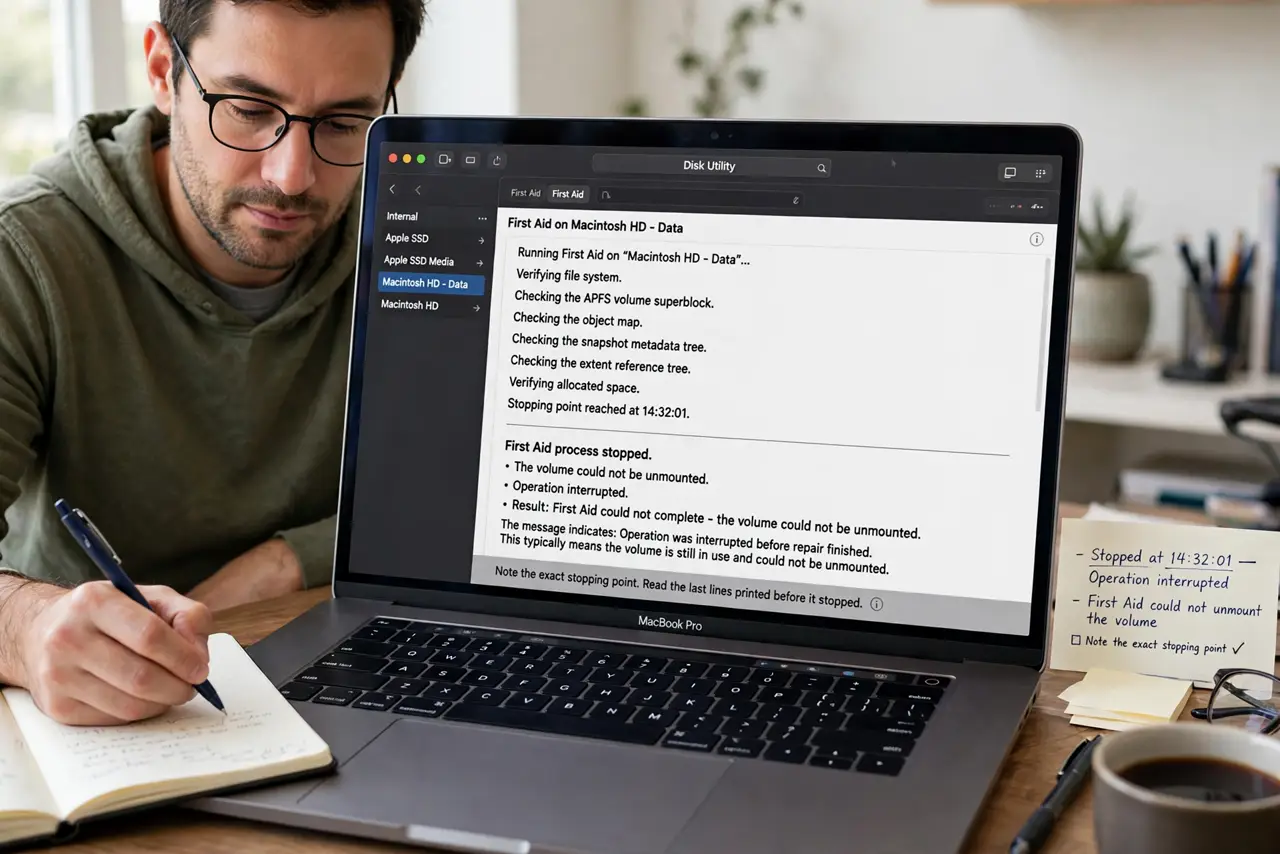 Disk Utility First Aid Stops Early on Mac — step 1 being performed on the device.