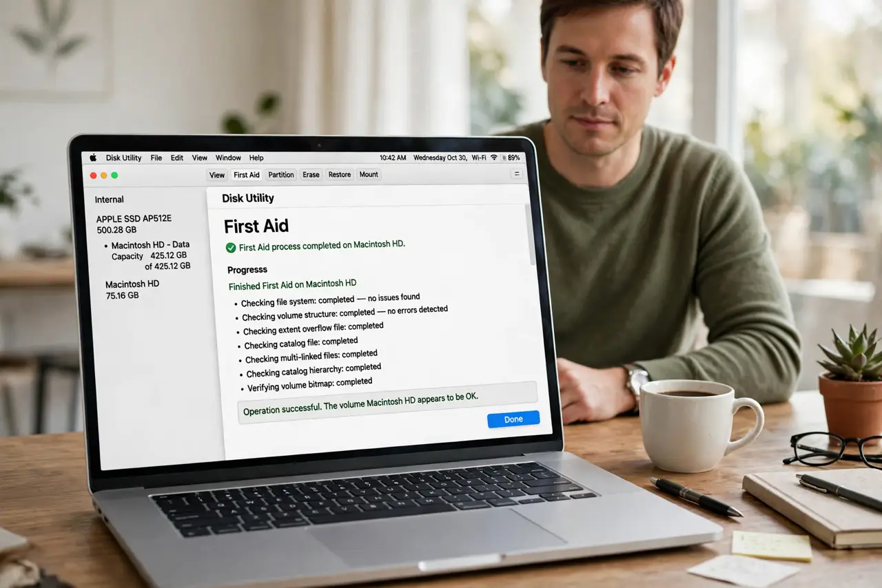 Disk Utility First Aid Stops Early on Mac — photo showing the situation described in the guide.