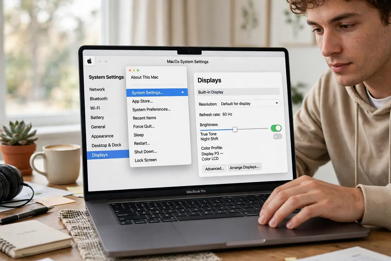 A person performing the first step: Open Displays settings. Click the Apple menu, choose System Settings, then.