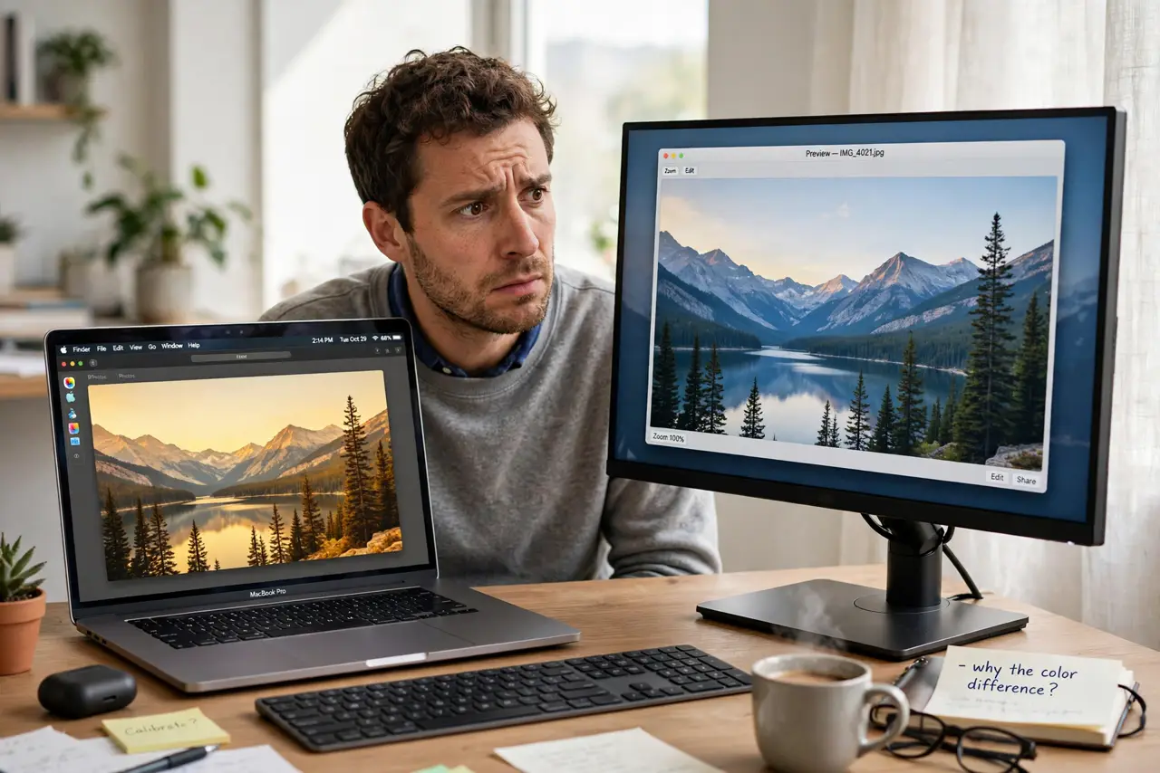 A person comparing a MacBook screen and an external monitor side by side showing the same photo with visibly different
