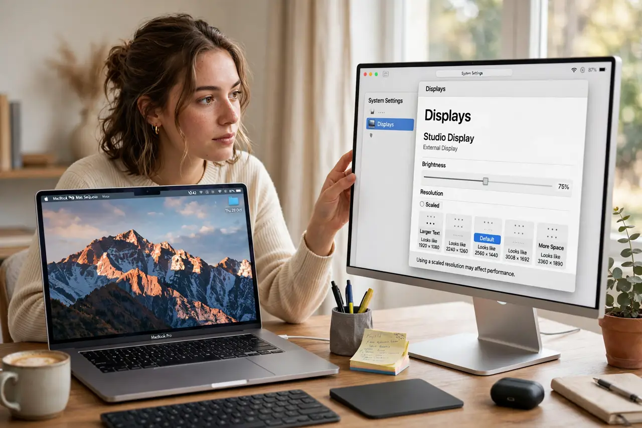 A person adjusting a real MacBook connected to a real external monitor showing Display settings with legible scaling options, the person's face focused, desk…
