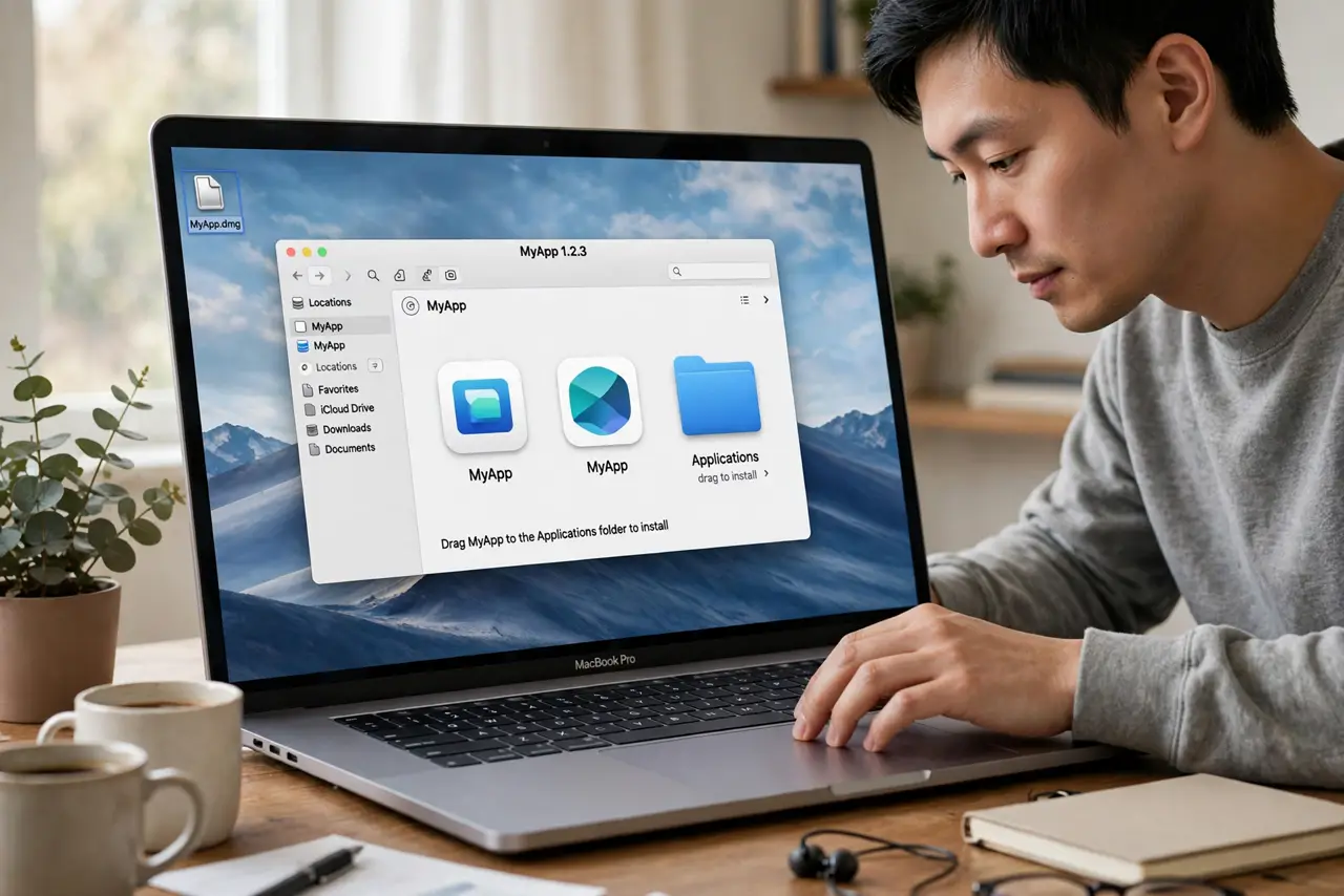 Photoreal photo of a person performing the first step: Open the DMG. Double-click the .dmg file. macOS mounts it like a plugged-in drive and opens a window — usually showing the app icon and an arrow point...