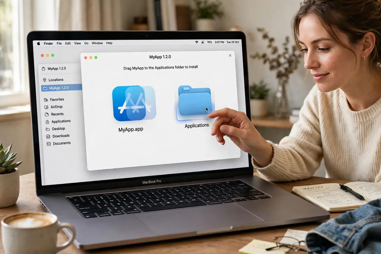 Photoreal photo: a person dragging an app icon into the Applications folder inside a real macOS Finder window showing a mounted disk image with legible labels, the person's face calm and understanding, home desk. No blac