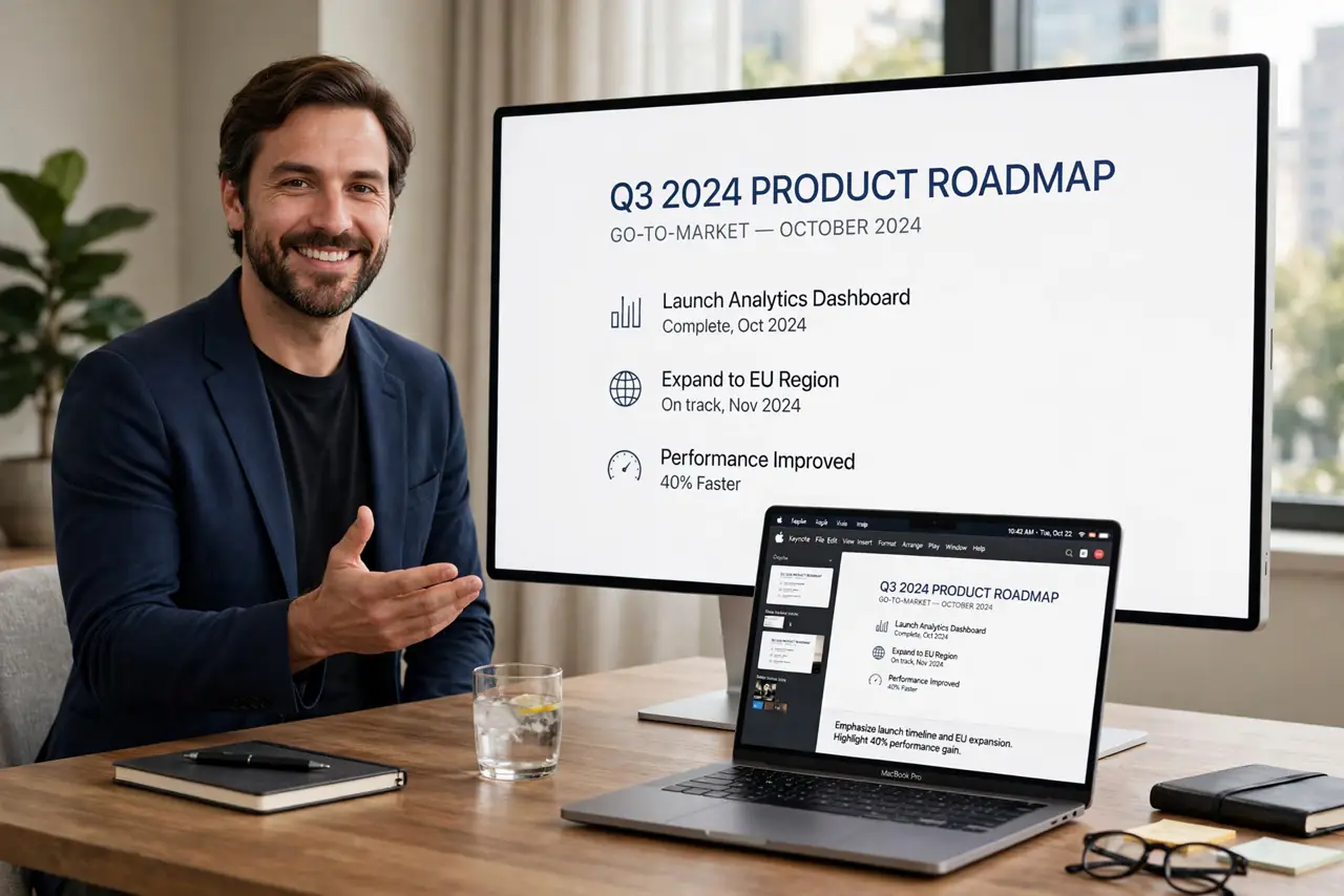 A person presenting with a real Mac connected to a large display, the screen showing a clean presentation with no notification banners, the person's face confident, meeting room.
