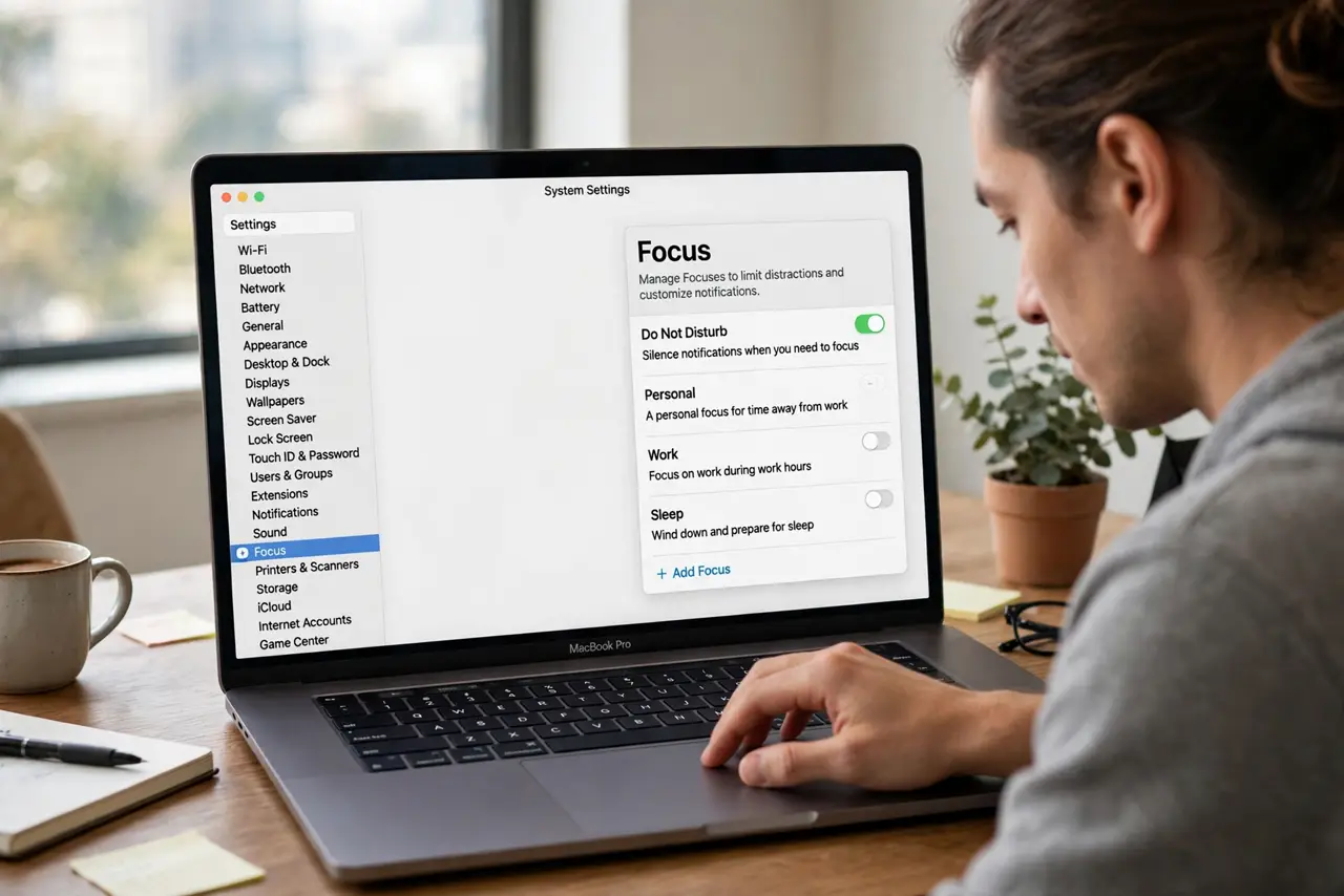 A person carrying out step one: open focus in system settings.