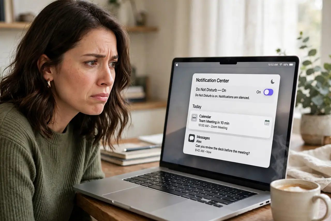 A woman looking at a MacBook screen showing the notification center with Do Not Disturb enabled, her face slightly frustrated and confused, a coffee mug beside…