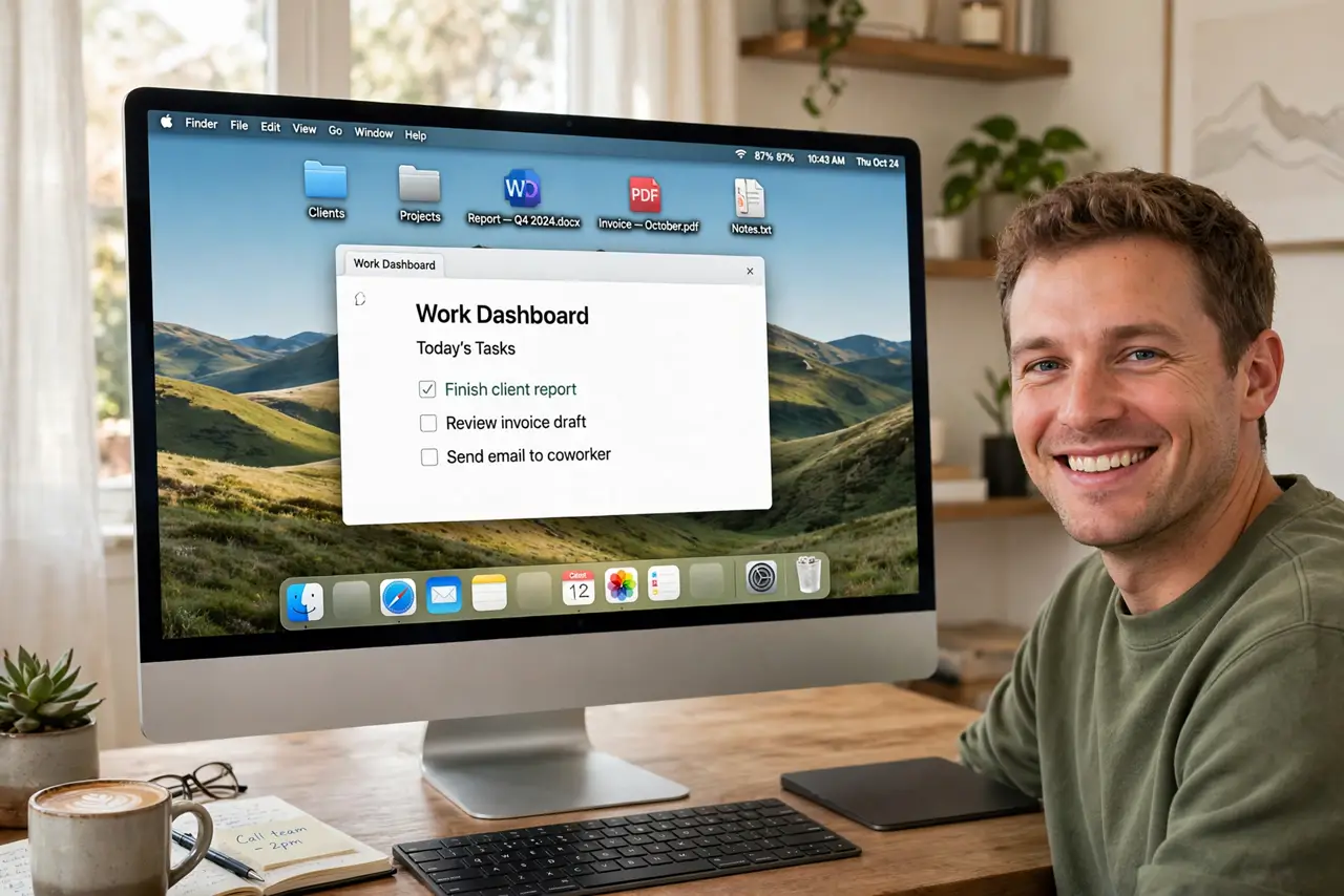 A person using a real Mac, the screen showing the Dock with blank spacer gaps separating app groups, fully legible, the person's face pleased, home office.