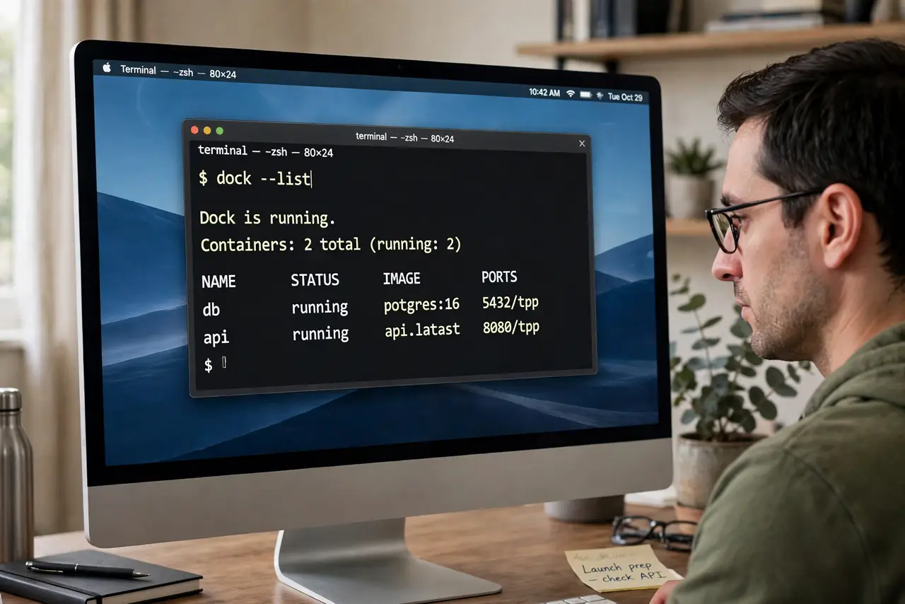 A person using a real Mac, the screen showing a Terminal window with the Dock autohide delay command fully legible, the person's face focused, home office.