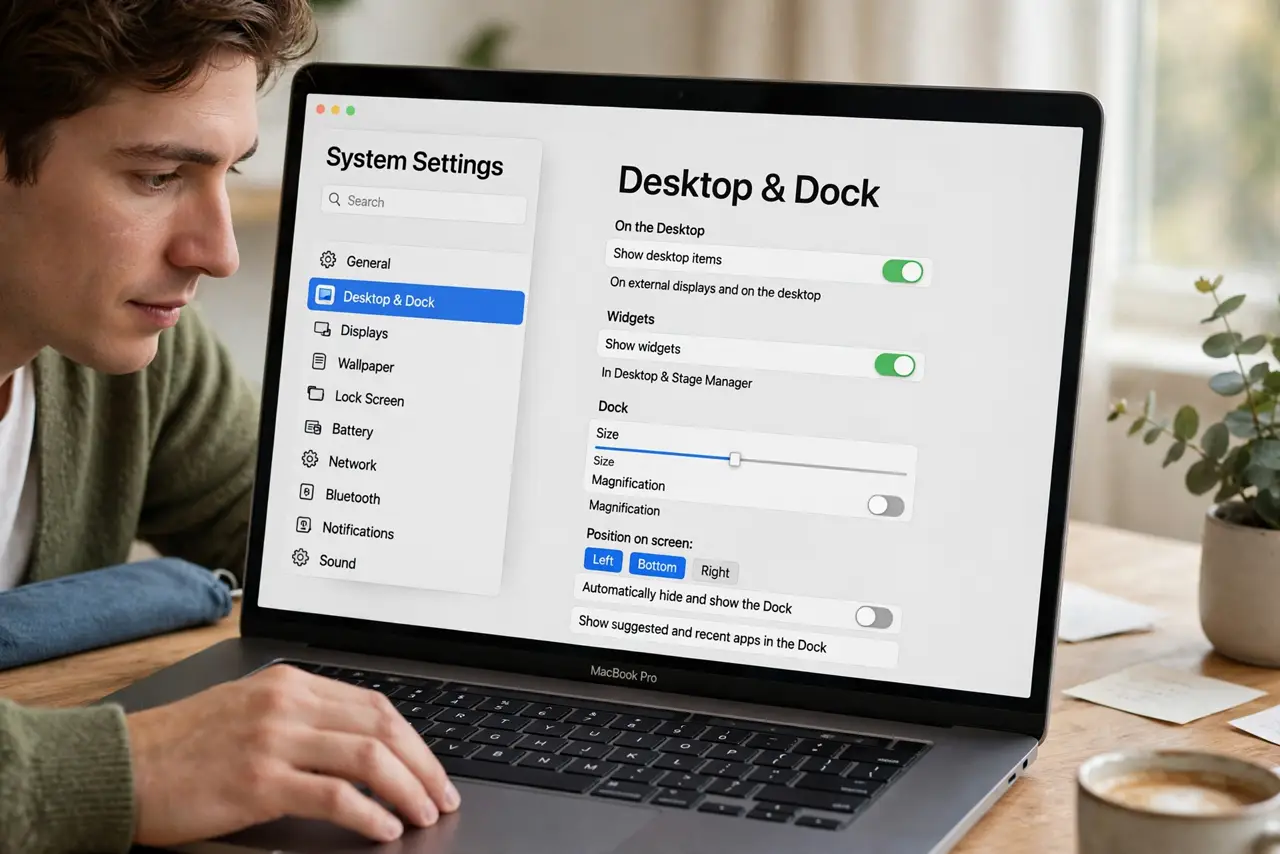 A person performing step 1: Open Desktop & Dock settings.