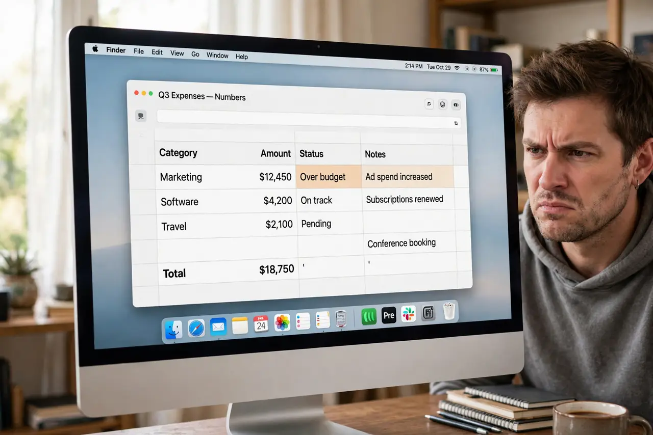A person using a real Mac, the screen showing the Dock with recent apps separated by a divider, fully legible, the person's face mildly annoyed, home office.