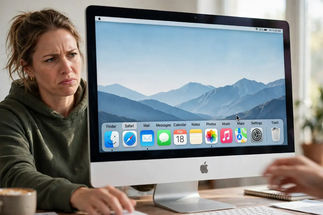 Dock Magnification Stuck On — a mildly annoyed adult moving the pointer over a Mac dock with icons magnifying hugely, the screen showing ful