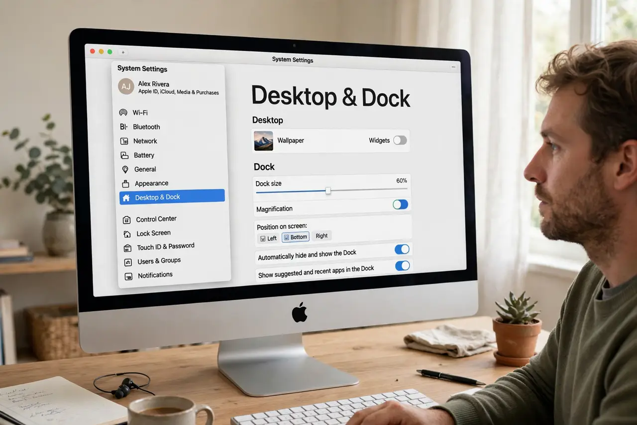 A person performing the first step: Open Desktop & Dock settings. System Settings > Desktop & Dock. Magnification sits.