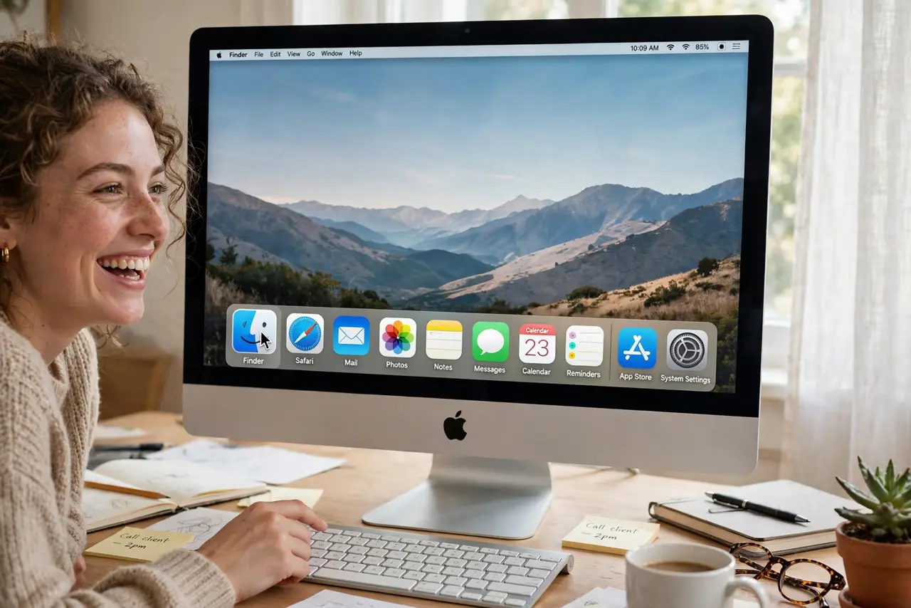 A person moving the cursor over a magnified Dock on a real Mac with enlarged app icons clearly visible and legible, the