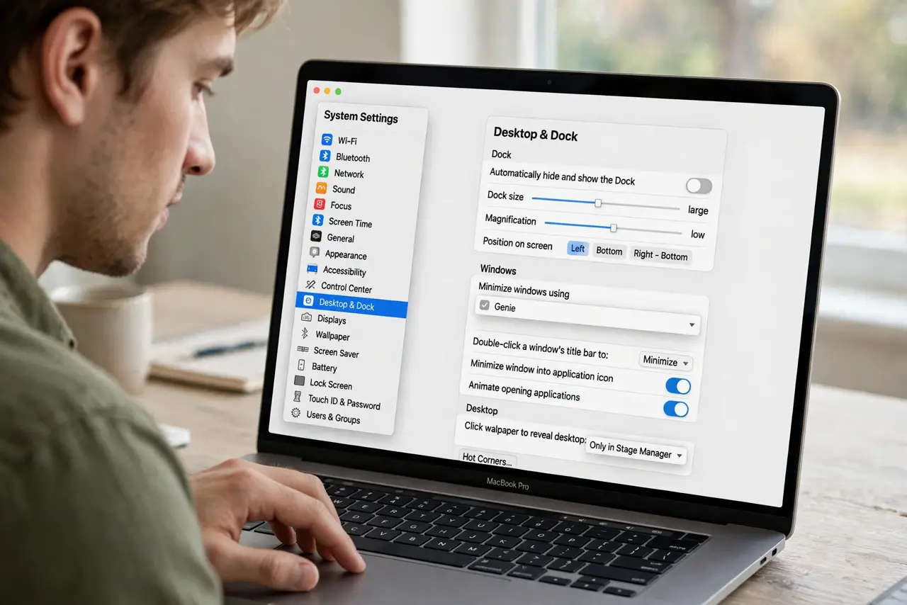 A person performing step 1: Open Desktop & Dock settings.