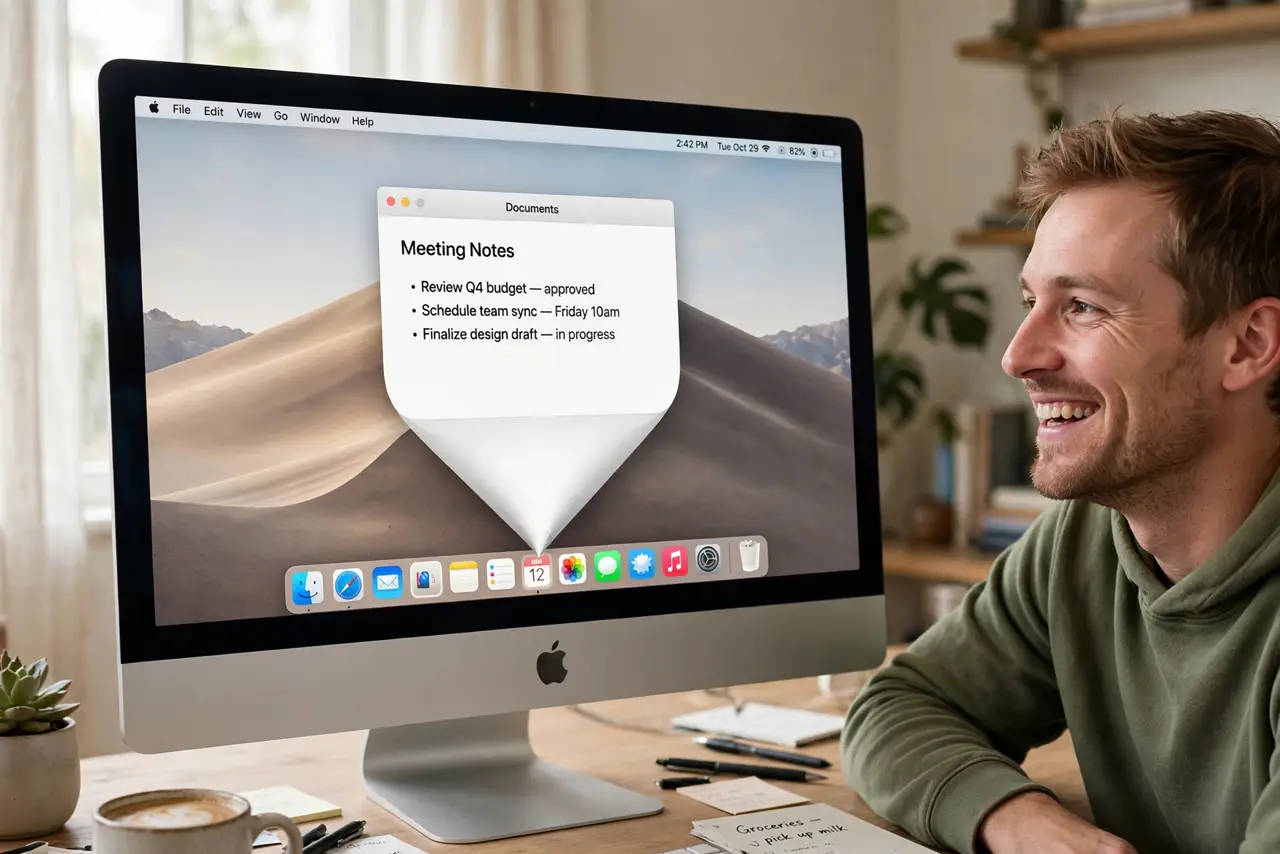 A person using a real Mac, the screen showing a window mid-minimize with the genie animation effect, fully legible, the person's face amused, home office.