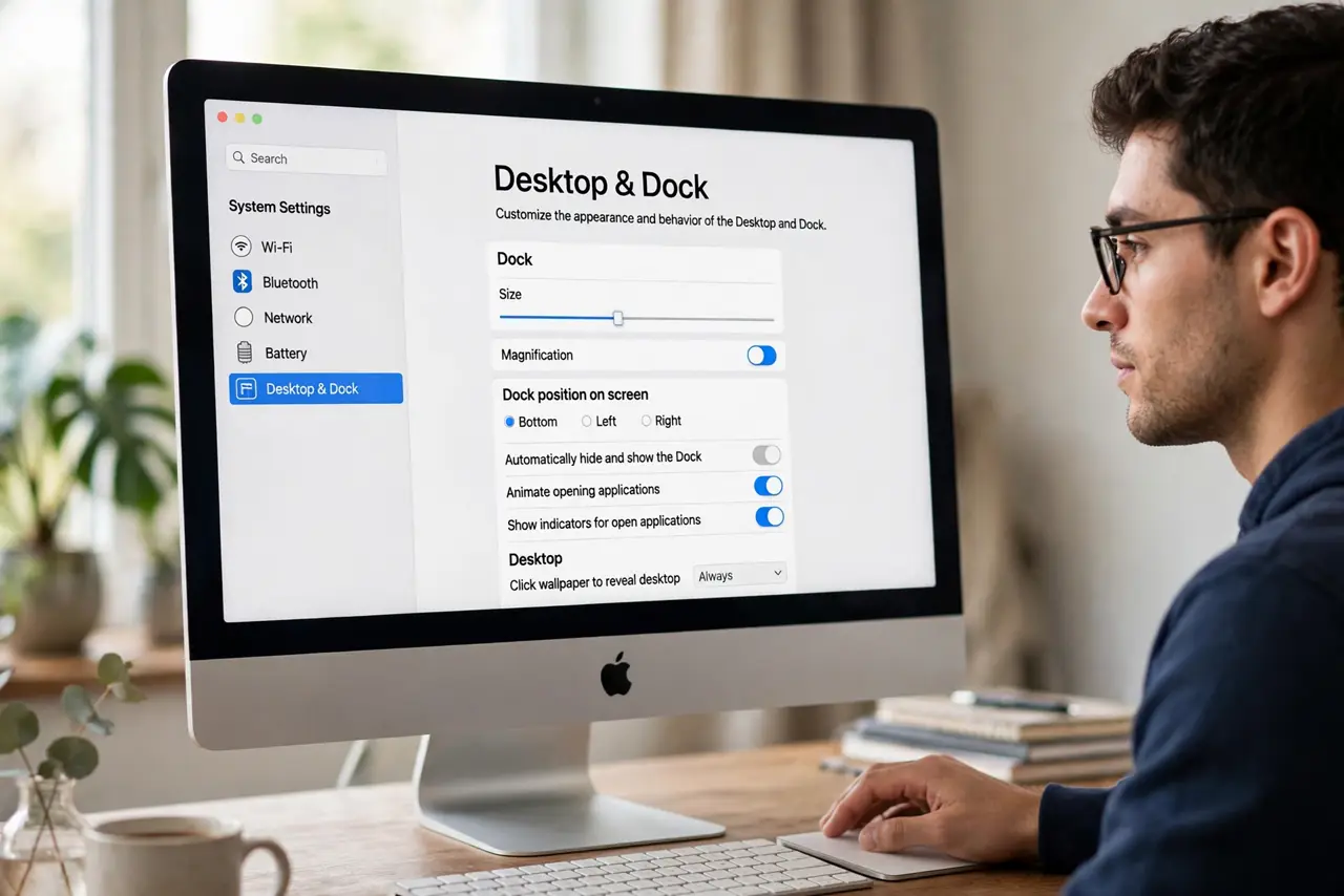 A person performing step 1: Open Desktop & Dock settings.