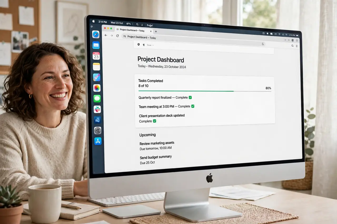 A person using a real Mac with a widescreen monitor, the screen showing the Dock along the left edge, fully legible, the person's face pleased, home office.