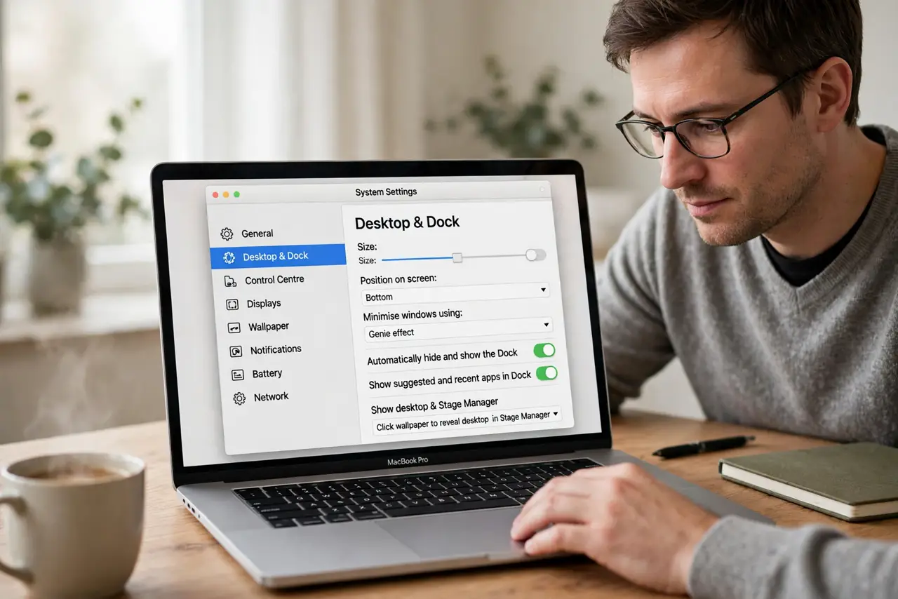 A person performing the first step: Open Desktop and Dock settings.